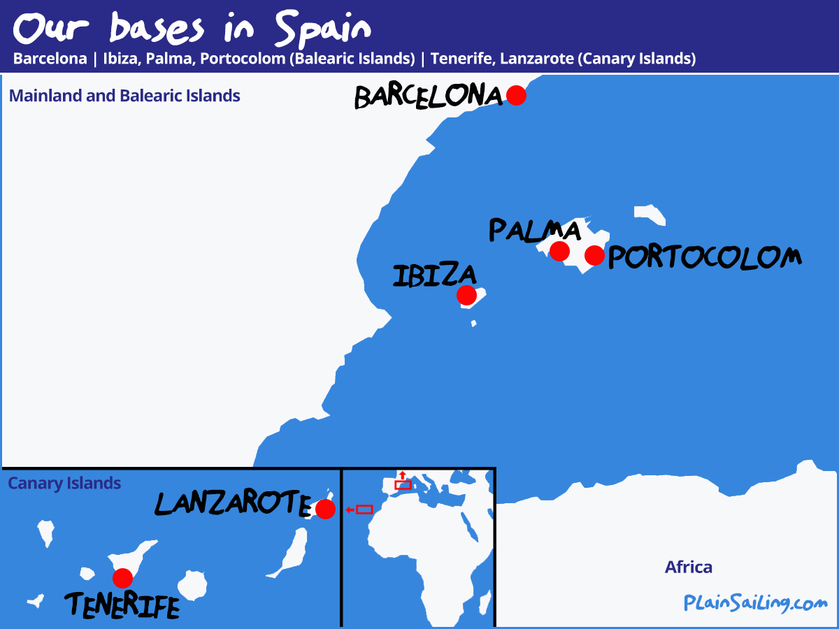 Our Yacht Charter base in Spain - Palma, Portocolom in Mallorca, Ibiza, Barcelona, Tenerife, and Arrecife in Lanzarote